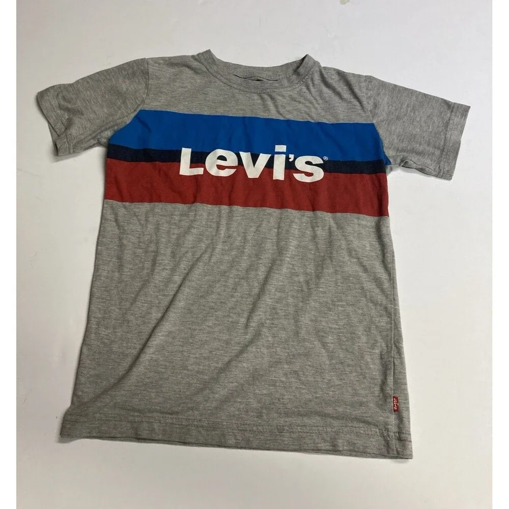 Levi's Kids Striped Logo T-Shirt Gray Blue Red Cotton Crew Neck Sz 10